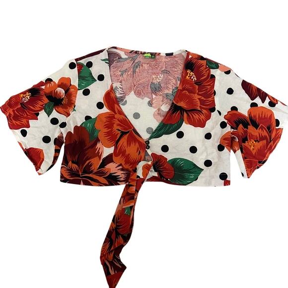 Farm Rio‎ Floral Cropped Linen Blouse Size Small Red 273524 - Picture 1 of 13